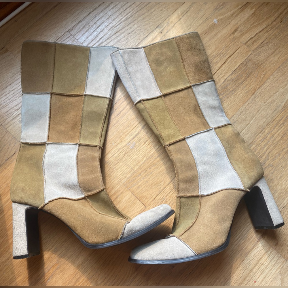 Vintage 90’s boho suede leather patchwork platform boots